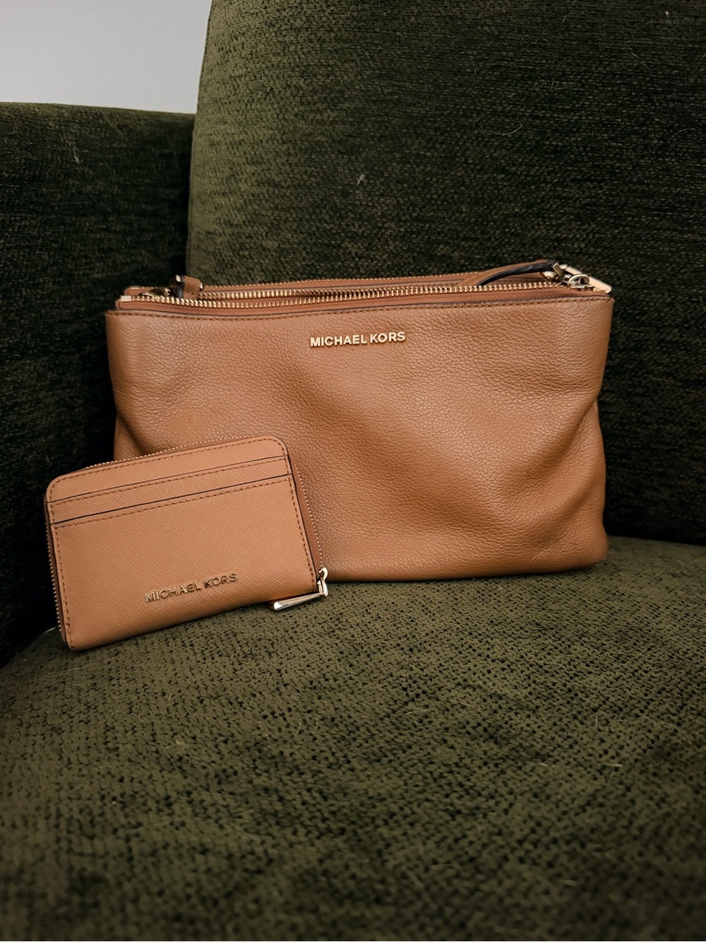 MICHAEL KORS Brown Pebbled Leather Wristlet with Matching Card Wallet